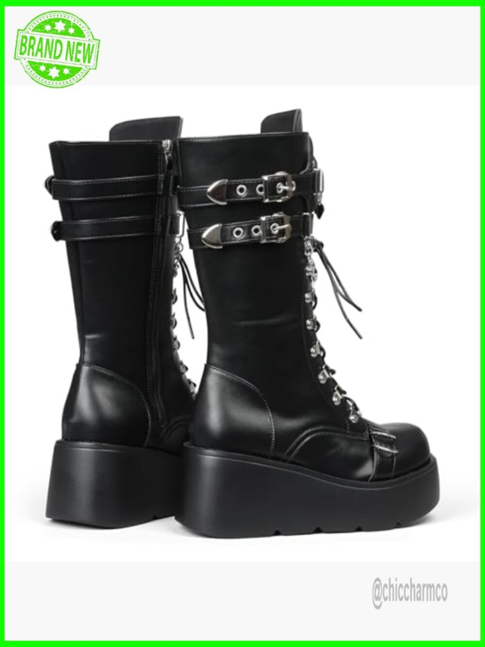 Black Wedge Combat Boots Chunky Heel Lace Up Mid Calf Gothic Shoes - Picture 3 of 7